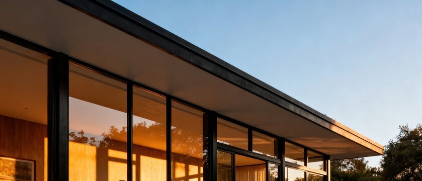 Mid-century modern glass house with expansive windows reflecting sunset sky and trees