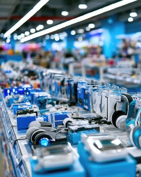 A brightly lit electronics store showcasing a variety of headphones and gadgets displayed on tables with a blurred background of shelves and shoppers.
