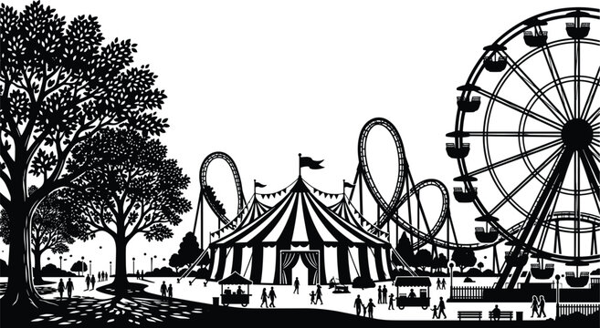 Black and white silhouette illustration of a vibrant amusement park featuring a circus tent, ferris wheel, and rollercoaster