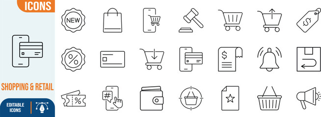 E-commerce shopping and retail icons. shopping cart icon set, credit card icon set, shopping bag icon set © Mehedi