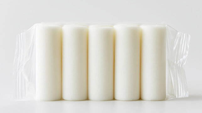 White candle paraffin wax pillar candle six candle plastic packaging minimal style home decor clean background calm mood row of white pillar