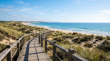 Fototapeta premium A wooden boardwalk winds along a sandy path towards a beautiful beach. The path is bordered by lush green dunes and grasses.