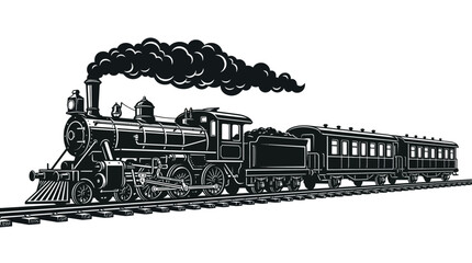 Vintage steam locomotive pulling passenger carriages in black silhouette against sky © Yarstudio 