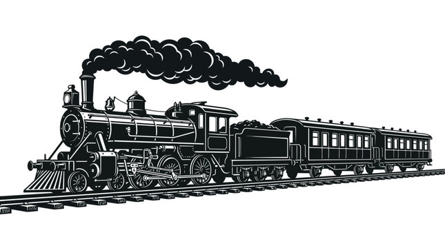 Vintage steam locomotive pulling passenger carriages in black silhouette against sky