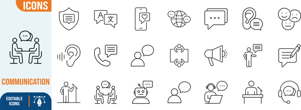 Global communication language chat support icons. speech bubble icon set, phone icon set, globe icon set