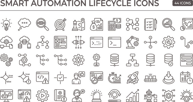 Smart automation lifecycle icons in clean outline style for process management dashboard interface and intelligent system development