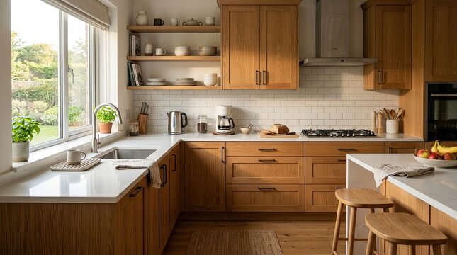 A bright, airy kitchen features a warm, wooden cabinetry and countertops. A large window overlooks a lush green garden.