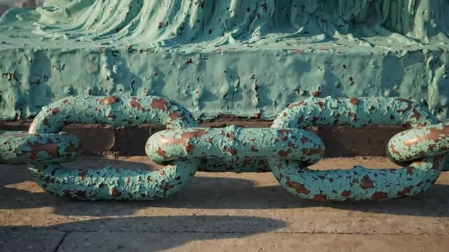 Cinematic 4K Slow Motion of Broken Chains at the Base of the Statue of Liberty overlooking New York City Skyline during Independence Day Celebration