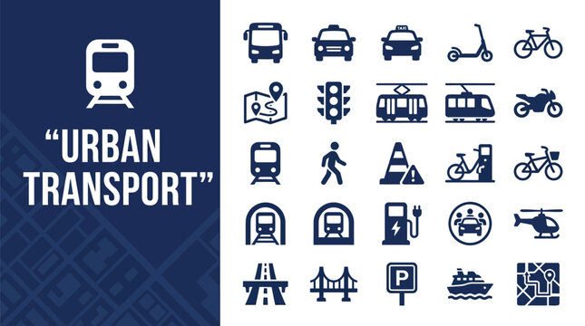 Set of blue flat vector icons depicting various types of modern urban transport and transit modes