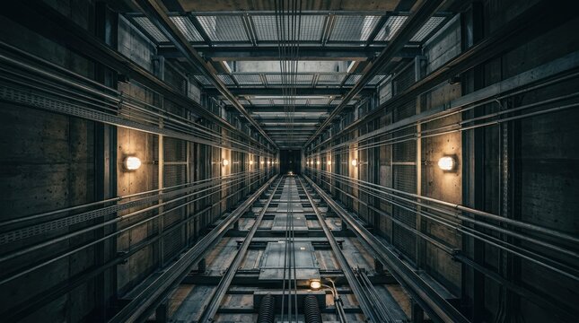 A long, dark corridor stretches into the distance, lined with metal tracks and illuminated by warm, yellow lights. The structure appears to be an elevator shaft, with a grid-like ceiling overhead.