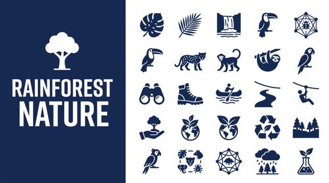 Set of dark blue flat icons representing diverse rainforest animals plants and tropical nature elements