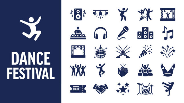 Set of blue flat icons representing a lively dance festival with music and party elements