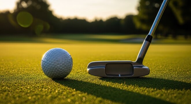 Golf putter and ball on a sunlit green