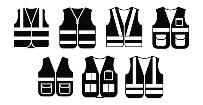 Work Safety Vest And High Visibility Jacket Vector Icon Set, Reflective Protective Clothing Symbols For Construction And Industrial Safety Design.