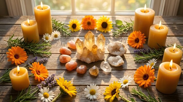 Summer Solstice Altar Flat Lay with Crystals Candles and Flowers