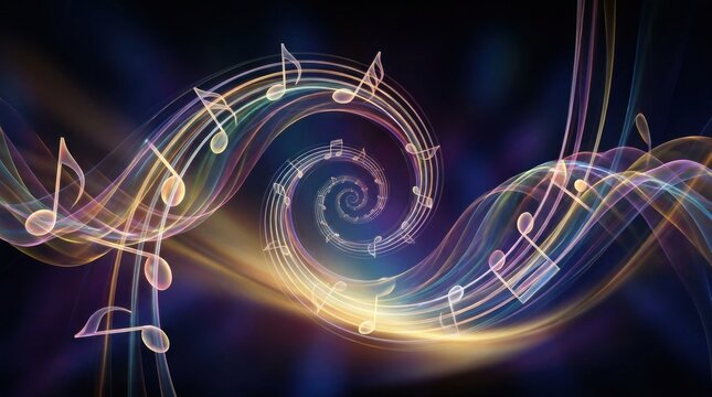 A vibrant, abstract image features swirling musical notes rendered in a luminous, rainbow-colored spiral. The notes create a dynamic, flowing pattern against a dark, gradient background.