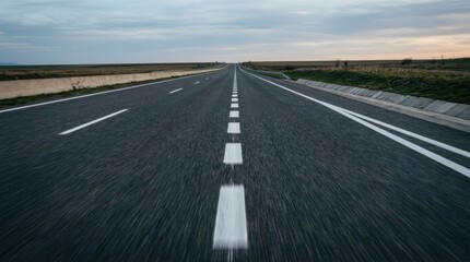 Obraz premium A long asphalt road stretches into the distance, receding towards a hazy horizon. The road is marked with white lane dividers.
