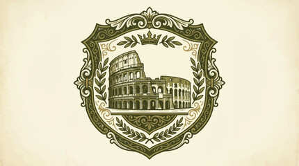 Colosseum emblem architectural illustration within ornate shield design © Remb