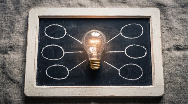 Creative Brainstorming Concept: Glowing Lightbulb on Chalkboard with Blank Mind Map Mockup Background , Creativity And Brainstorming Concept 