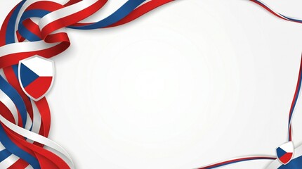 Obraz premium Minimal Czech Republic themed championship banner with flowing red white and blue ribbon, elegant layered curves and modern sports broadcast aesthetic on clean white background with large copy space 