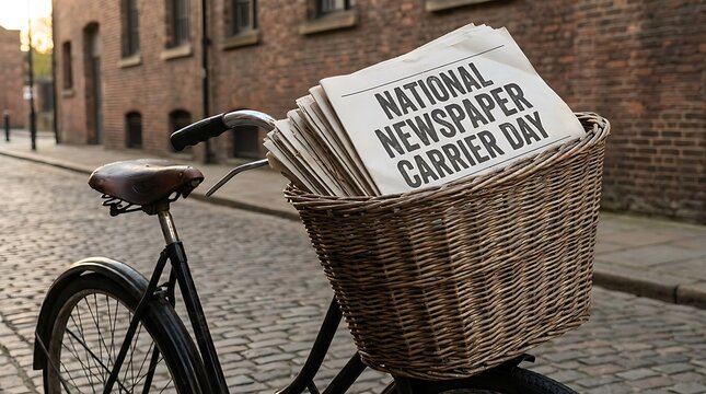 Vintage bicycle with a wicker basket full of newspapers on a cobblestone street for national newspaper carrier day