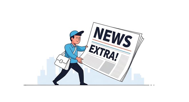 Newspaper delivery boy holding a large newspaper with news extra headline