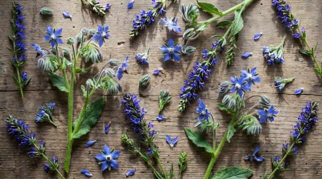 Borage Flowers and Hyssop Arranged as Blue Wildflower Flat Lay