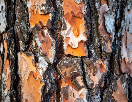 Close-up of a tree's textured bark, featuring overlapping scales in shades of brown, orange, and gray, with visible ridges and grooves