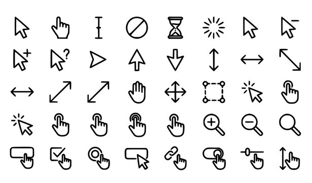 Set of 30 outline cursor and click icons with editable stroke for web interface and user interaction design