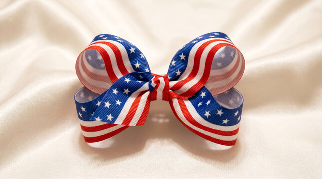 Patriotic American Flag Bow Tie on White Satin Background - Symbol of Freedom and Independence