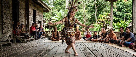 Naklejka premium Dayak woman performing traditional Ngajat dance at a Sarawak longhouse during the Gawai harvest festival with community audience in Borneo.