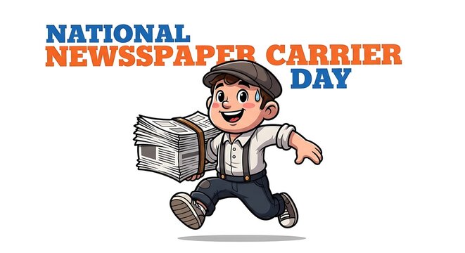 Cartoon illustration of a young newspaper carrier boy running with a stack of newspapers