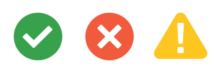 Success, Error And Warning Status Icons, Green Check Mark, Red Cross And Yellow Alert Triangle Indicators For User Interface Design. ©    