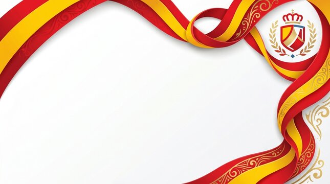 Minimal Spain themed championship banner with flowing red and yellow ribbon, royal-inspired layered patterns and elegant sports broadcast style on clean white background with editable negative space.
