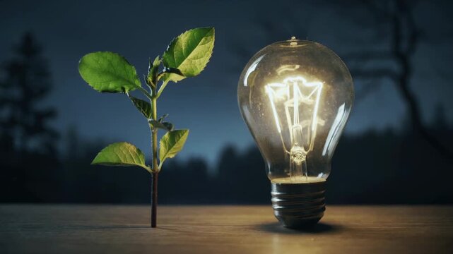 Green Energy Concept: Plant and Glowing Lightbulb