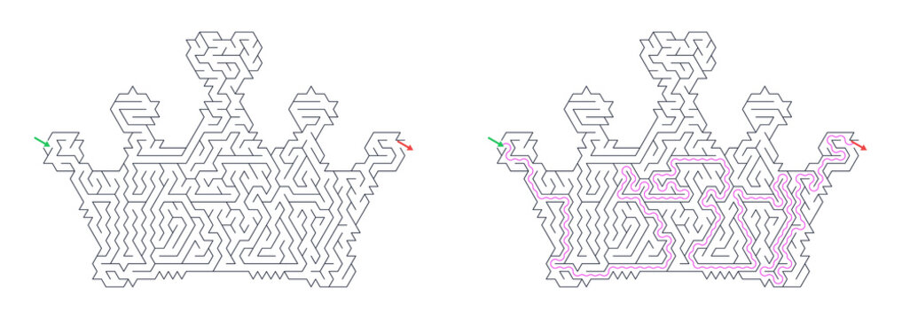 Soved crown shaped maze puzzle with highlighted solution path illustration
