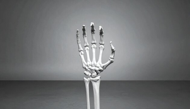 "Human hand skeletal model upright, phalanges and metacarpals visible, radius and ulna ends, anatomical structure educational medical illustration."