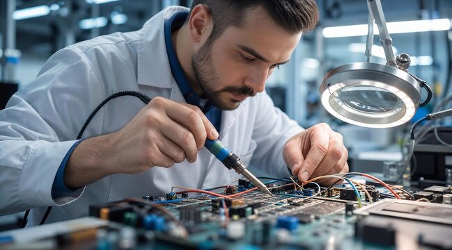 Engineer soldering circuit board in electronics manufacturing lab
