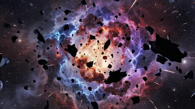 A vibrant nebula explodes in space with colorful clouds and asteroids flying by.
