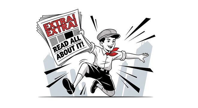 Vintage newspaper boy shouting extra extra read all about it isolated on white background