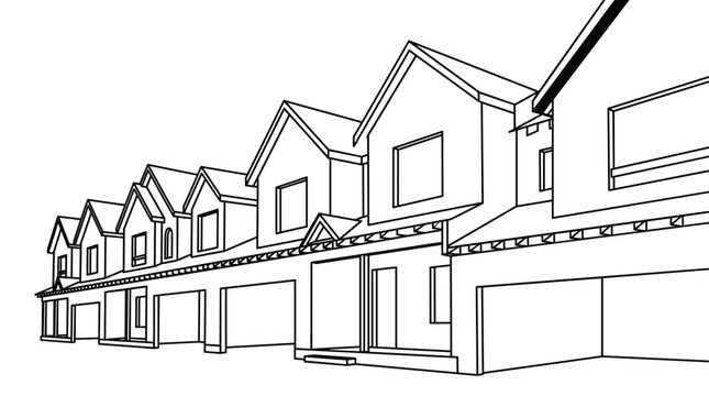 Perspective line drawing of a row of townhouses under construction, showing multiple garages and detailed architectural elements.