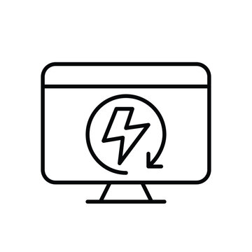 Lightning bolt on computer. Fast charge or system reboot, quick PC sync, rapid computer refresh. Pixel perfect, editable stroke vector icon