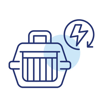 Pet carrier and lightning bolt in renew arrow. Fast pet care and veterinary services. Pixel perfect, editable stroke vector icon