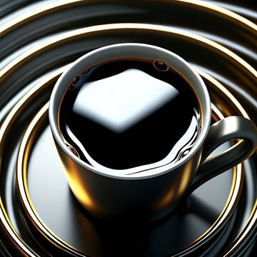 black coffee cup with golden abstract swirl on dark background