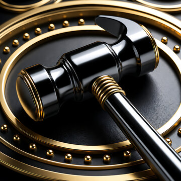 black judge gavel with gold rings on abstract legal background