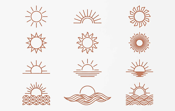 Collection of minimalist line art sun and sunrise icons with waves, depicting various celestial and oceanic themes in a warm brown hue.