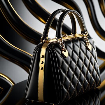 luxury black quilted handbag with gold hardware on abstract backdrop