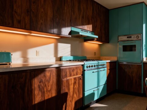 Mid-century modern kitchen with turquoise appliances and wood cabinetry bathed in sunlight
