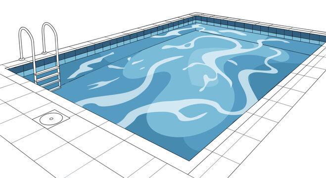 Clean indoor or outdoor swimming pool with clear blue rippling water, a stainless steel ladder, and a white tiled surrounding area.
