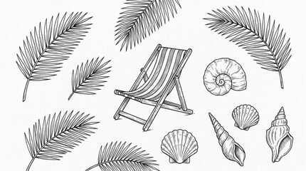Hand Drawn Tropical Beach Elements and Deck Chair. © Abi